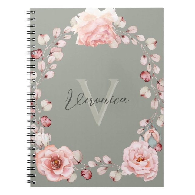 Caderno Espiral Wreath Rosa de Aquarela Personalizada | Sage Green (Frente)