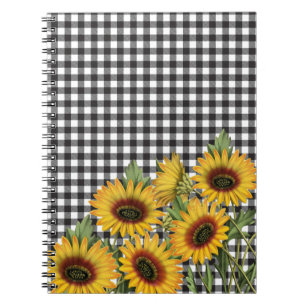 Caderno Espiral Xadrez de búfalos preto e branco, flores amarelas 