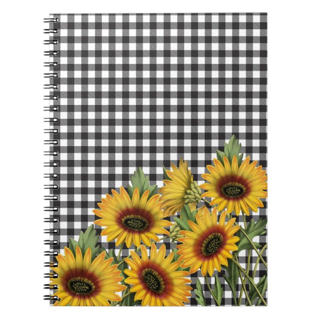 Caderno Espiral Xadrez de búfalos preto e branco, flores amarelas  (Frente)