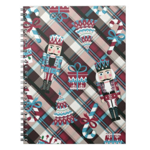 Caderno Espiral Xadrez de Nozes de Natal Blue Burgundy