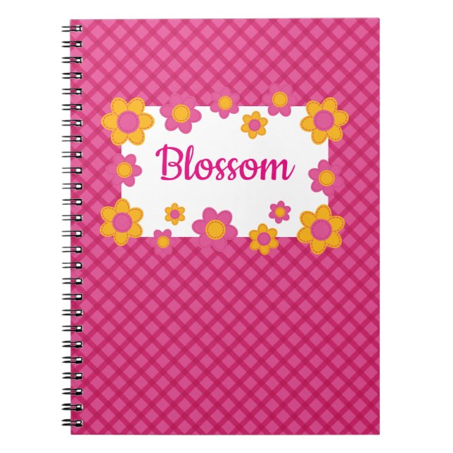 Caderno Espiral Xadrez floral de primavera rosa-fofo-fofa-fofa-des (Frente)