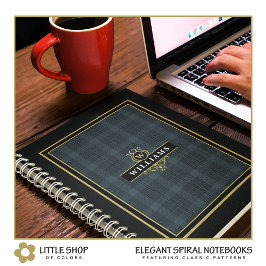 Caderno Espiral Xadrez Monograma Vidro Preto Elegante Dourado