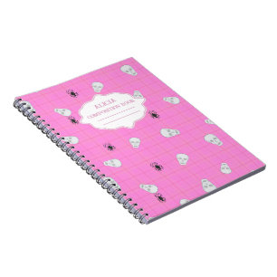 Caderno Espiral Xadrez rosa Halloween Skull & Spider personalizado