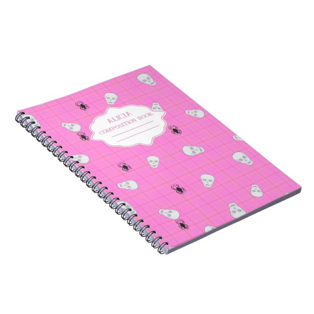 Caderno Espiral Xadrez rosa Halloween Skull & Spider personalizado (Lado Direito)