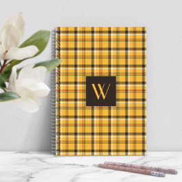 Caderno Espiral Xadrez/Tartan de Monograma Marrom Moderno