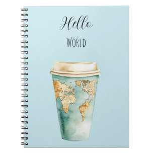 Caderno Espiral Xícara de Café Azul Olá Mundo