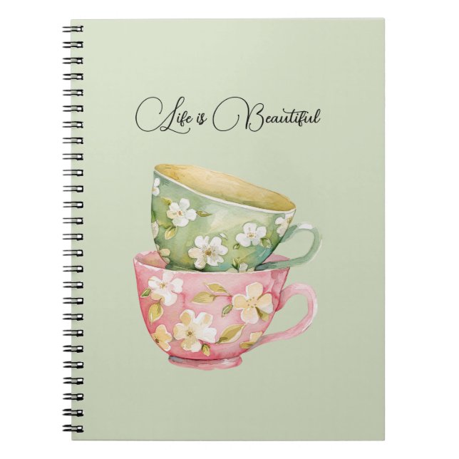 Caderno Espiral Xícaras Florais Verde Menta Rosa (Frente)