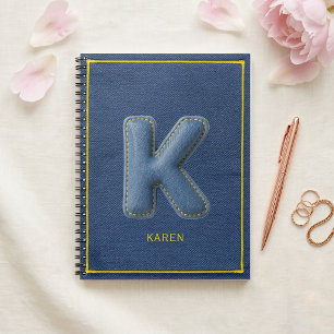 Caderno Espiral Y2K Denim Azul Letra K em 3D Monograma Nome