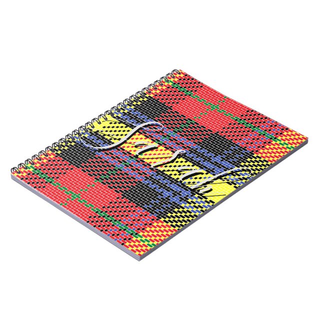 Caderno Espiral Yellow & Red Tartan Checkered Monogram Name (Left Side)