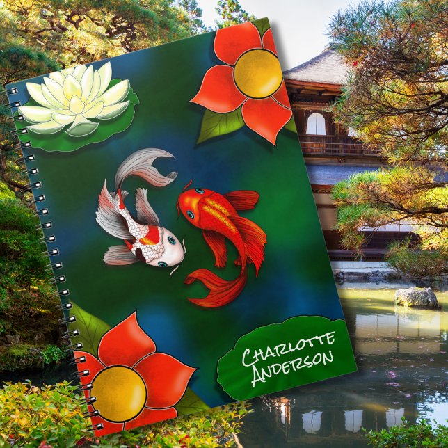 Caderno Espiral Yin Yang Koi Fish White Lotus Pond Personalizado (Criador carregado)