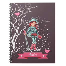 Caderno Espiral Young Girl Skier | Presente de Natal de Nome Perso