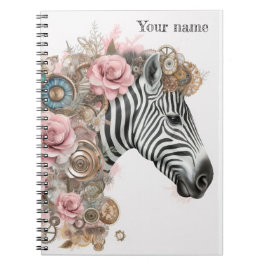 Caderno Espiral zebra steampunk com flores cor-de-rosa