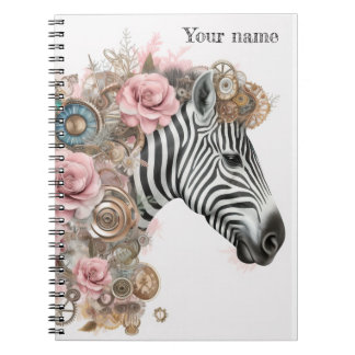 Caderno Espiral zebra steampunk com flores cor-de-rosa