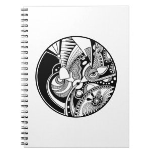 Caderno Espiral Zendala abstrato preto e branco no círculo