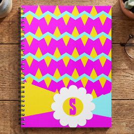 Caderno Espiral Zigzag Azul Rosa e Amarelo Com Flor Grande