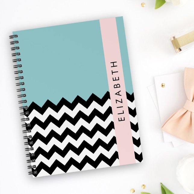 Caderno Espiral Zigzag preto-e-branco, Chevron, azul, seu nome (Criador carregado)
