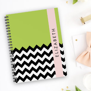 Caderno Espiral Zigzag preto-e-branco, Chevron, verde, seu nome