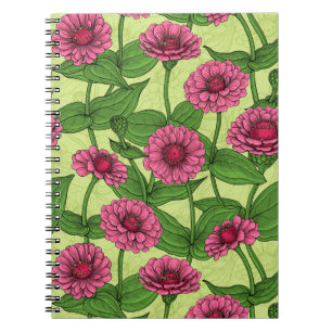 Caderno Espiral Zinnias cor-de-rosa em verde claro