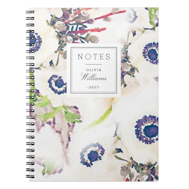 Caderno floral branco de Lastname do nome da (Frente)