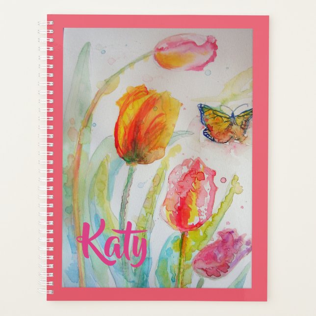 Caderno planejador de tulipas florais rosa Tulipa (Frente)