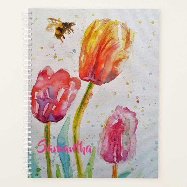 Caderno planejador de tulipas florais tulipa rosa (Frente)