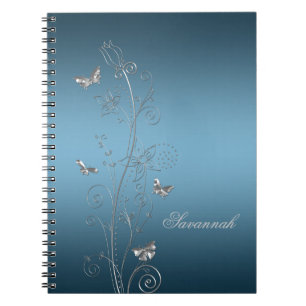 Cadernos de Borboletas Florais Prateadas Azul Teal