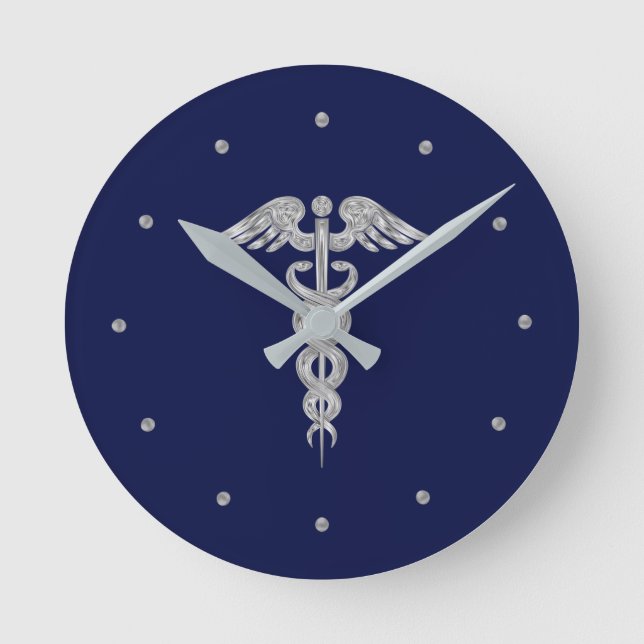 Caduceu Cinza Prateado em Relógio Redondo Azul-Mar (Frente)
