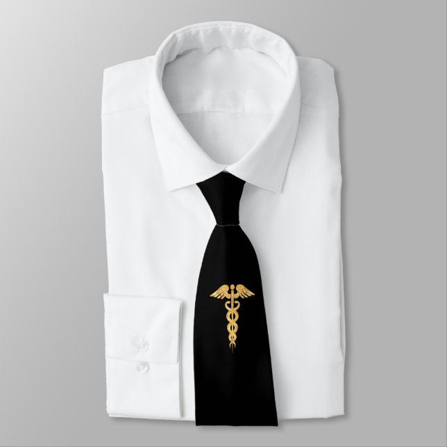 Caduceu Dourado Médico em Gravata Preta (Amarrado)