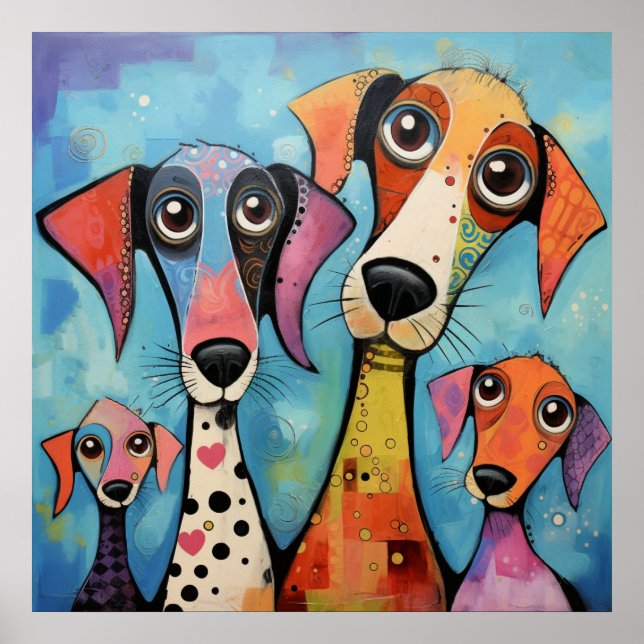 Cães Coloridos Impressão de Arte Abstrata, (Frente)