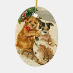 Cães do vintage em uns enfeites de natal do tren