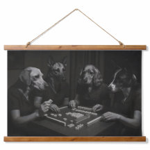 Cães pretos e brancos jogando Mahjong