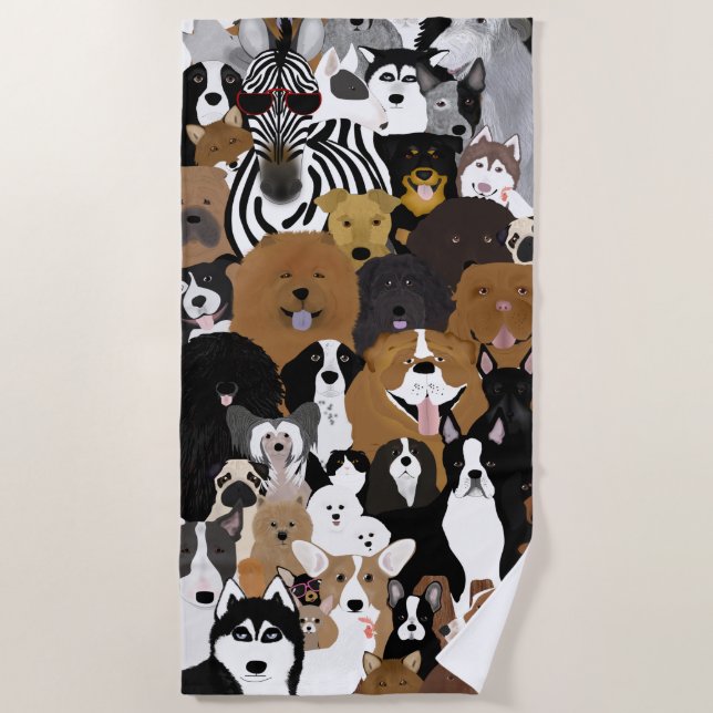 Cães, um gato e uma toalha de praia em galinha (Frente)