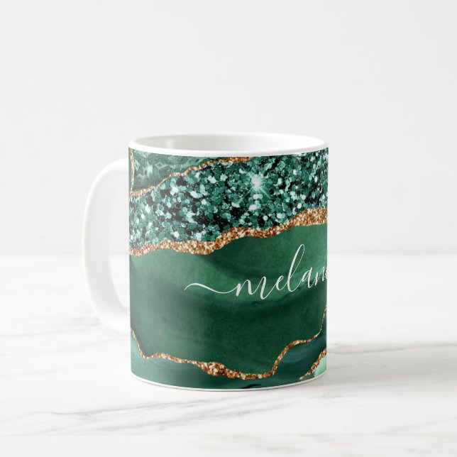 Café Agite a caneca verde-Dourada de mármore com seu no (Frente Esquerda)