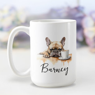Café Buldogue francês com caneca de café, cão com atitu