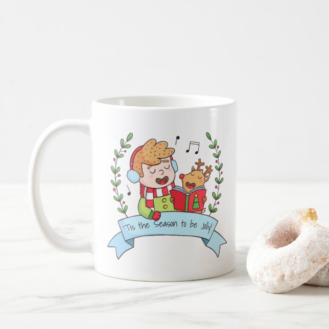 Café Caneca Alegre de Natal Menino e Rena (Com Donut)