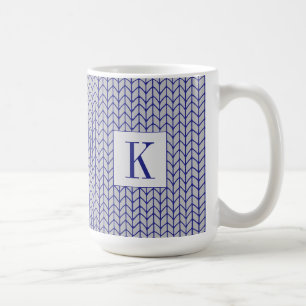Café Caneca Alta de Cerâmica Branca com MALHA AZUL CINZ