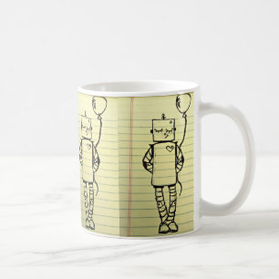 Café Caneca amarela do esboço do robô do bloco de not