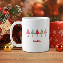 Caneca árvores de natal rosa vermelho verde fofa