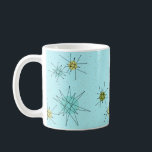 Café Caneca atômica azul de Starbursts do ovo do pisco<br><div class="desc">O teste padrão atômico icónico azul da caneca de Starbursts do ovo deste pisco de peito vermelho caracteriza starbursts atômicos icónicos. Isso é direito! A velha escola, fundo colorido azul do ovo do pisco de peito vermelho com salpicos do ouro é o contexto perfeito para a turquesa vibrante, o aipo...</div>