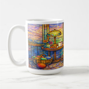 Café Caneca Avó de Vidro Colorido Gatos Tricotando Bisc