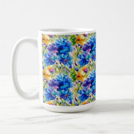Café Caneca bonita de aquarela arte floral azul