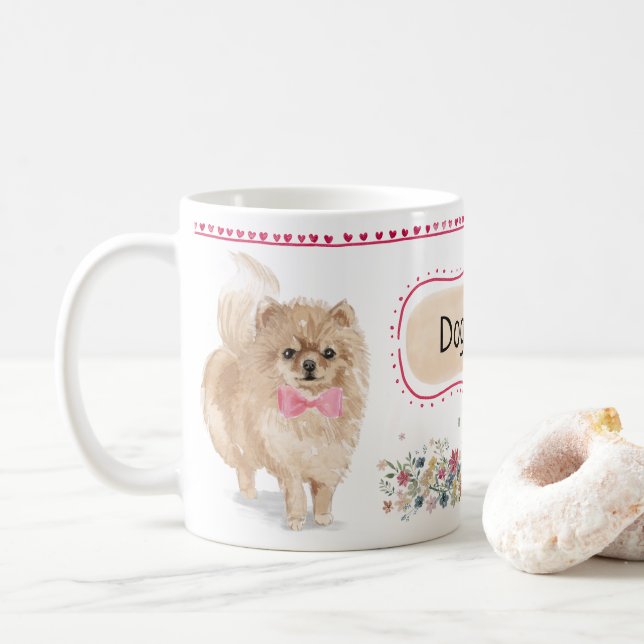 Café Caneca bonito da aguarela de Pomeranian (Com Donut)