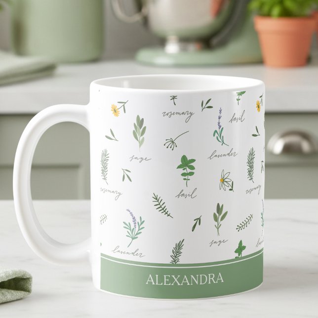 Café Caneca Botânica de Jardim de Cozinha Personalizada (elegant personalized kitchen herb garden botanical floral sage green mug with custom name)