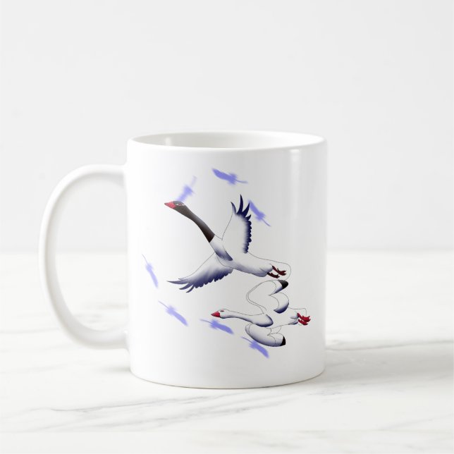 Café Caneca Branca de 11 oz com Arte de Cisnes Voadores (Esquerda)