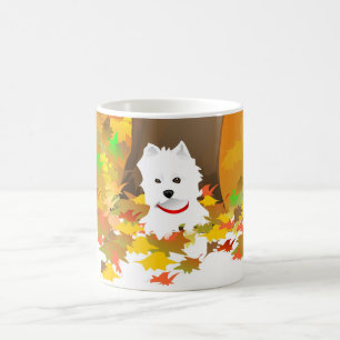 Café Caneca - cão de Westie nas folhas de outono