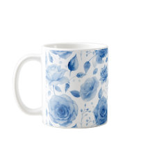 Caneca Clássica de Rosas em Aquarela Azul Elegante