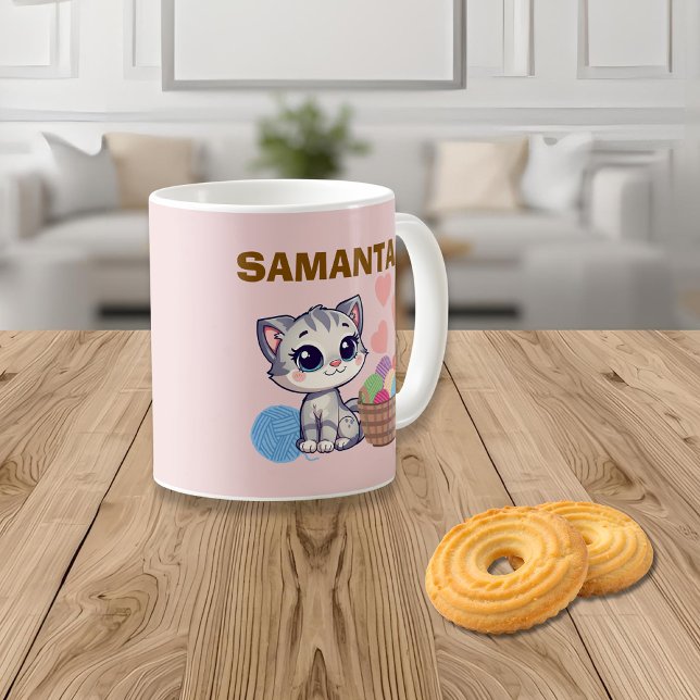 Café Caneca Clássica Personalizada de Gatinho e Linha (Criador carregado)