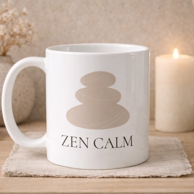 Café Caneca Clássica Tranquila de Pedra Empilhada, 11 o (White ceramic design with stacked stone icon and refined Zen Calm lettering.)
