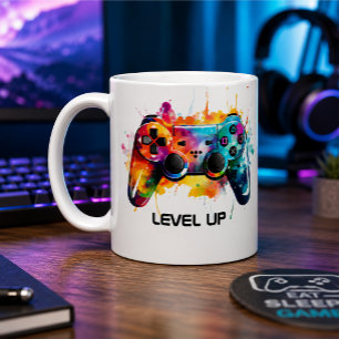 Café Caneca com Design de Controle de Jogo "Level Up" C