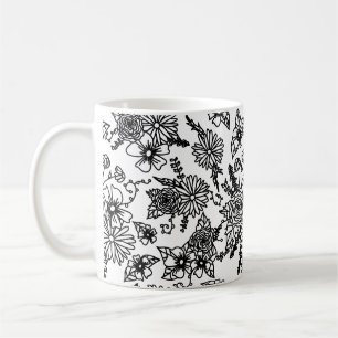 Café Caneca com estampa de flor silvestre preta e branc